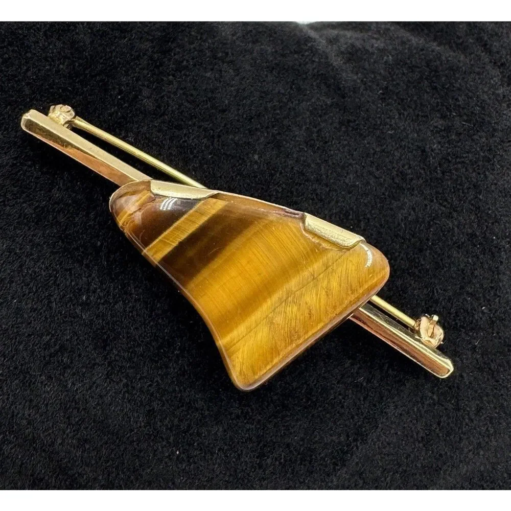 Vintage 14k‎ Yellow Gold Polished Stone Tigers Eye Brooch Pin Estate Jewelry